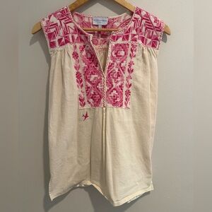 Mi Golondrina Hand Embroidered Blouse Mexico, Pink Cream Flowy Top XS